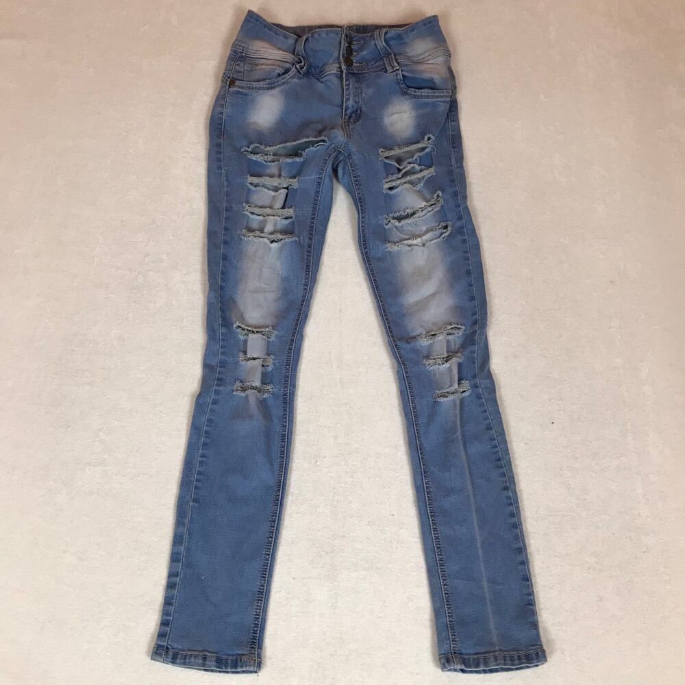 Vinizbena USA Distressed Shredded Ripped Blue Stretch Skinny Jeans Size 5